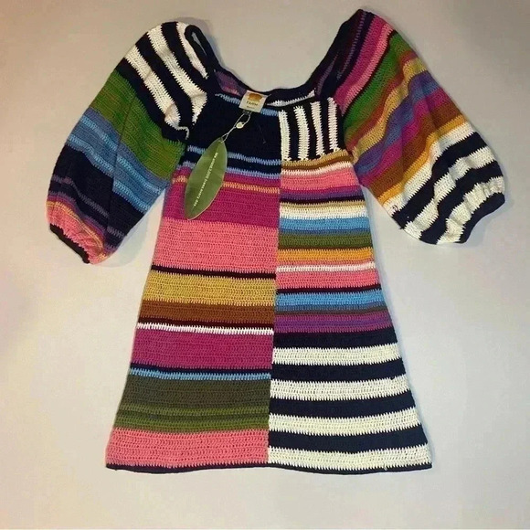 Anthropologie Farm Rio Stripe Mini Dress Crochet Knit Puff Sweater Chunky S $265 - Picture 8 of 12